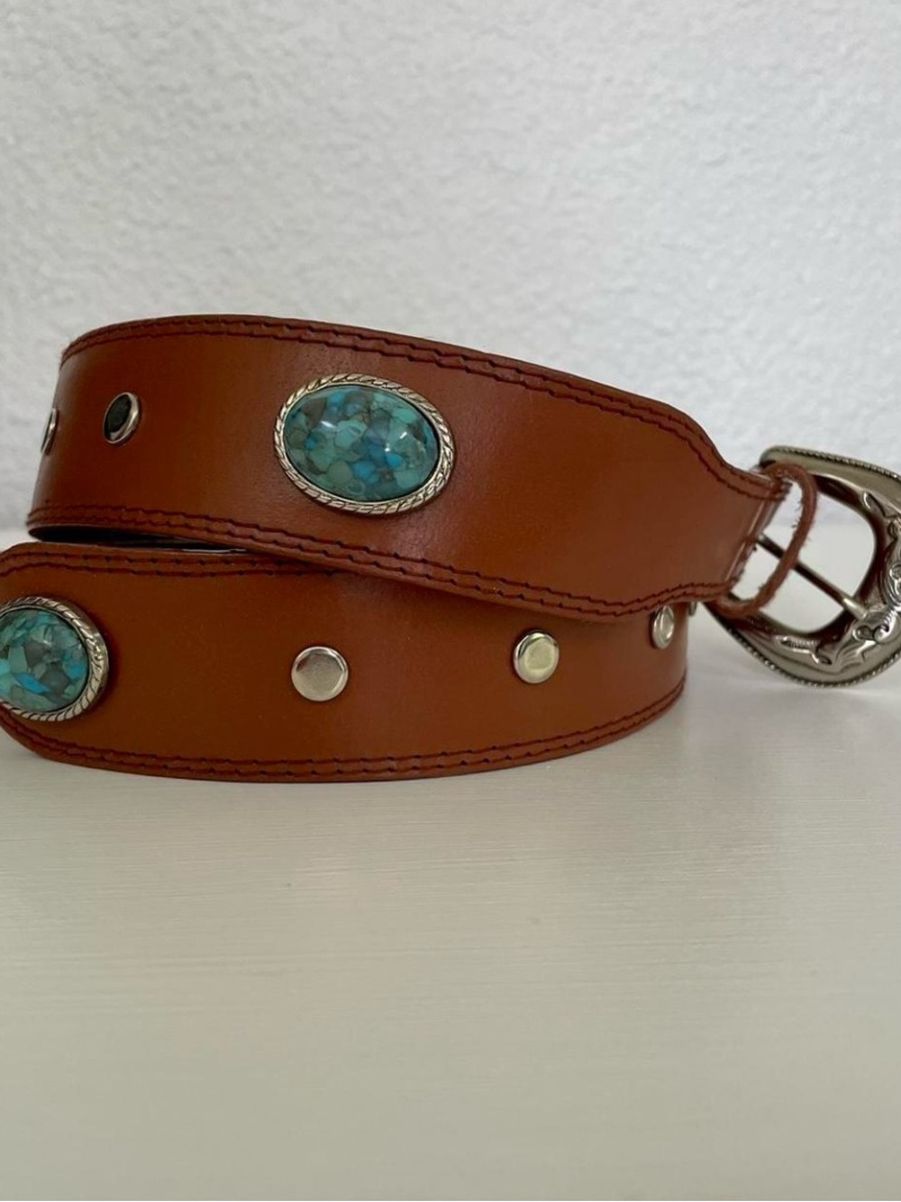Brown Leather Western Belt with Turquoise Inlay